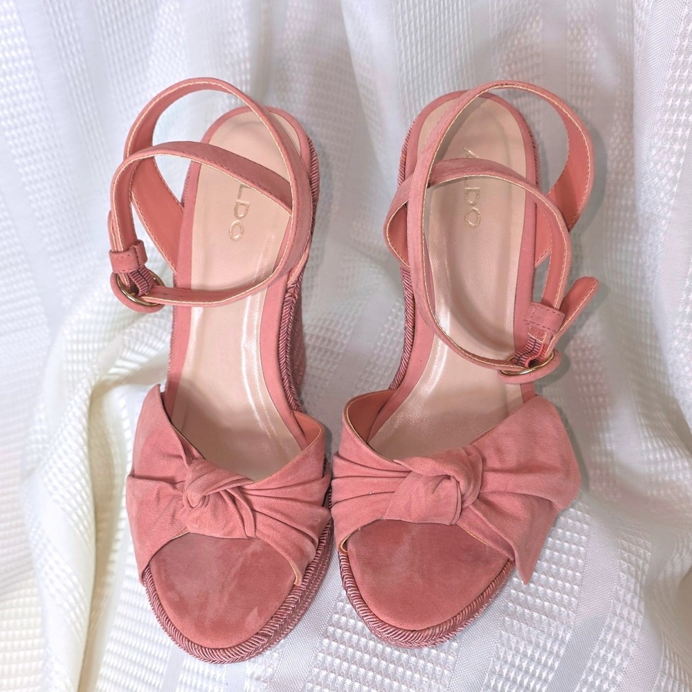 Aldo Pink Wedge Sandals Knotted Bow Espadrille Platform Heels Ankle Strap Womens